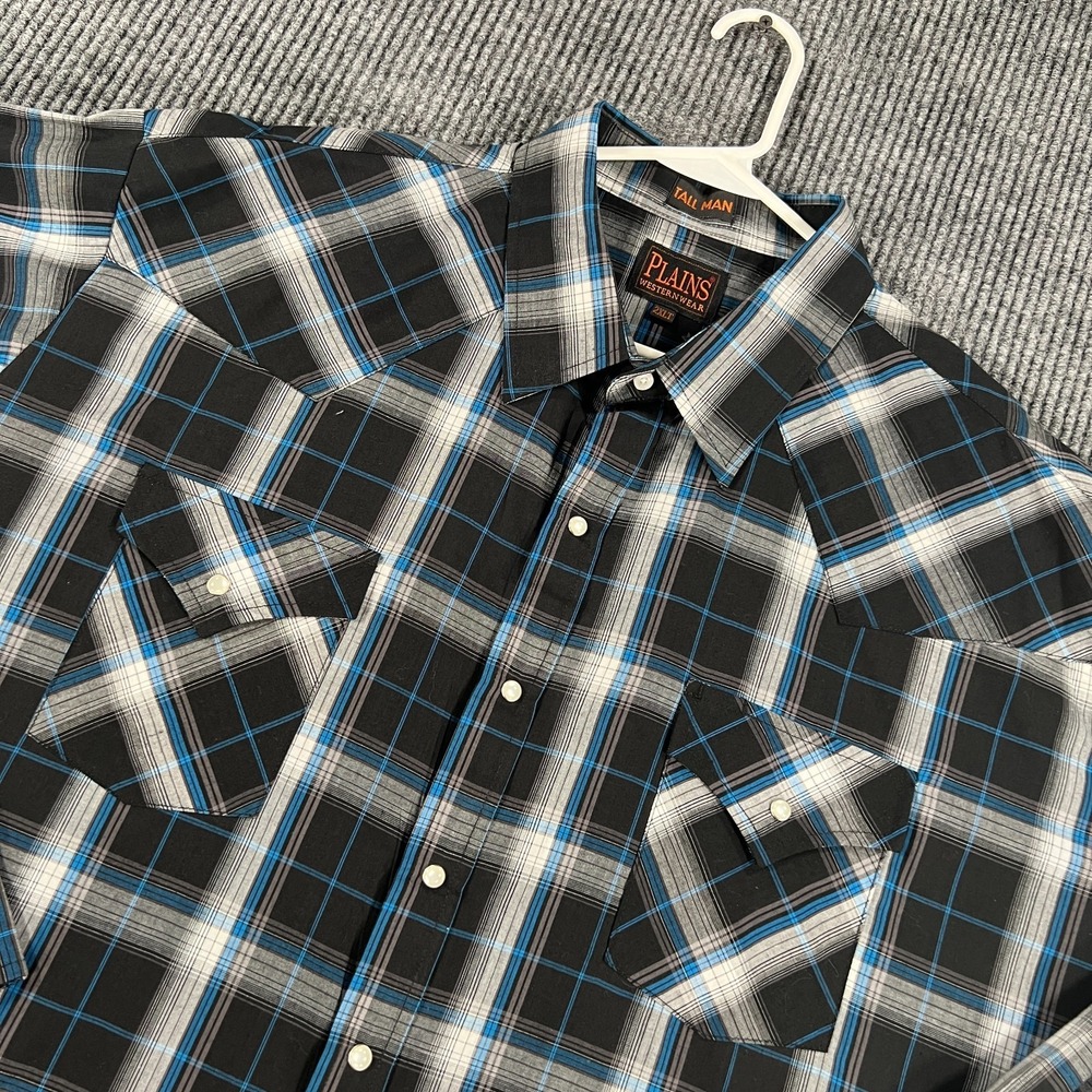 Plains Western Wear Shirt Mens 2XL Tall Black Blue Plaid Long Sleeve Pearl Snap